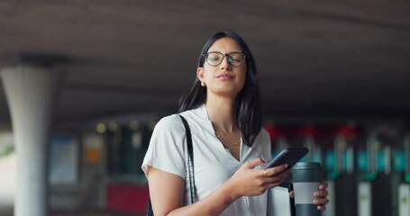 Thinking, phone and business woman in city with coffee on morning commute for work, career and job. Travel, professional and person with drink on smartphone for social media, networking and website