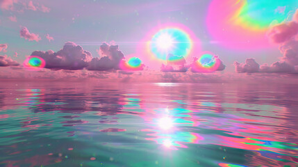 Holographic Shiny Pink seascape. Metal Vivid Pink Color.