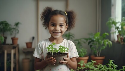 Happy Brazilian girl child inside home holding small seedlings ready to be planted in the ground.