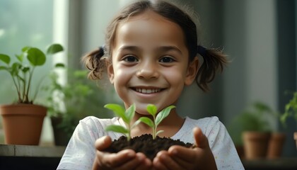 Happy Brazilian girl child inside home holding small seedlings ready to be planted in the ground.