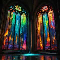 Church's colorful stained glass window depicting religious scenes