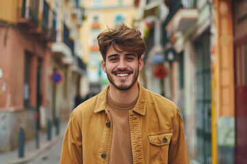 A man with a beard wearing a yellow jacket smiles for the camera