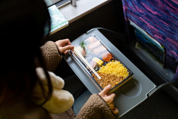 Asian woman eating traditional Japanese pork cutlet with rice Tonkatsu in lunch box bento during travel on train. Attractive girl travel Japan on railroad transportation on winter holiday vacation. - obrazy, fototapety, plakaty