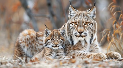 Fototapeta premium Portrait of male lynx and cub with spacious text area, object positioned on the right side