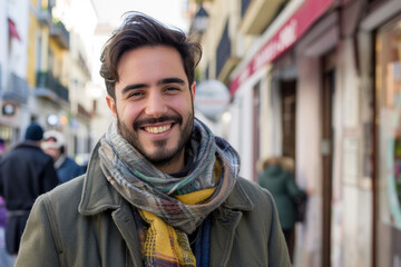 A man with a scarf around his neck is smiling