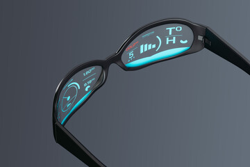 A futuristic glasses device with a digital display on