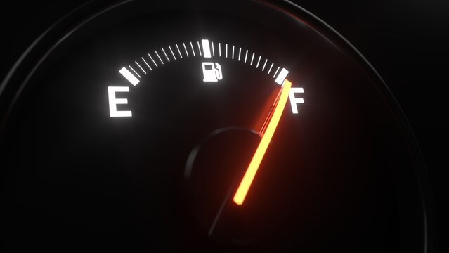 Fuel gauge with full indication , 3d render of car dashboard.