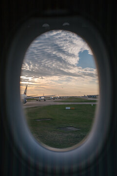 Airplanes queuing to take off at London Heathrow airport