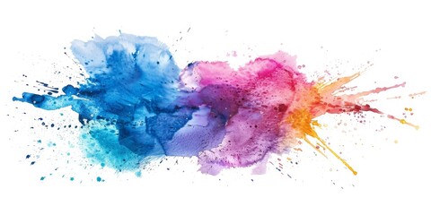 Dynamic watercolor splash in blue, pink, and yellow, resembling an abstract expressionist painting on a pure white background. - obrazy, fototapety, plakaty