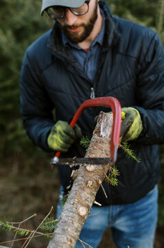 man cutting christmas tree 