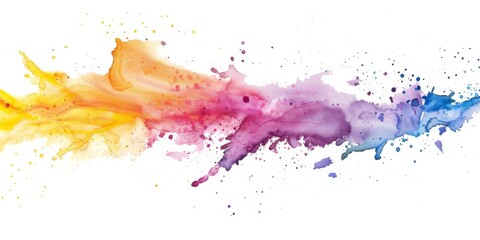 A sweeping watercolor panorama in a seamless gradient from pink to purple, peppered with vibrant droplets on a clean white background.