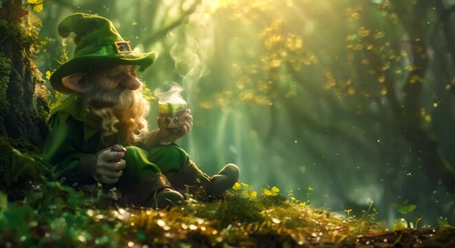 Leprechaun brewing a potion in a forest glade