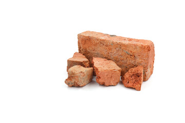 Solid clay bricks used for construction,Old red brick isolated on white background. Shattered bricks isolated.