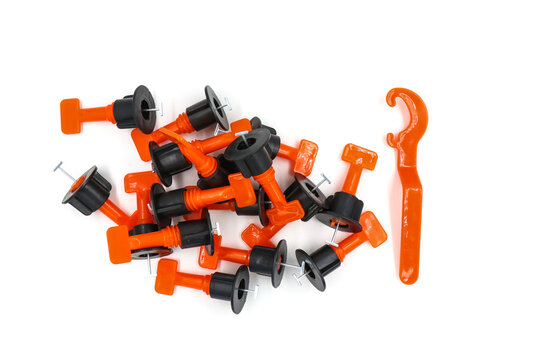 Tile leveling system with clips , shot while the tile mortar sets