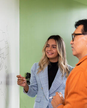 Young transgender Businesswoman  
in design office meeting with boss
