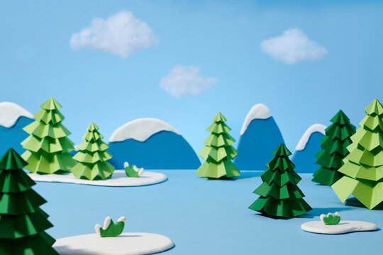 Winter scenery landscape with snowy mountains and pines trees - Powered by Adobe