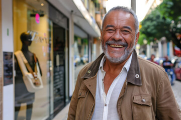 A man in a brown jacket is smiling in front of a store window that says ' a ' on it
