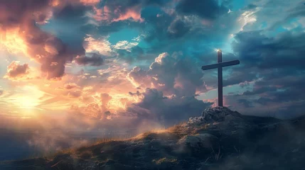 Fotobehang Mount Golgotha, representation of the cross that symbolizes the resurrection of Jesus. generative ai © Francheska