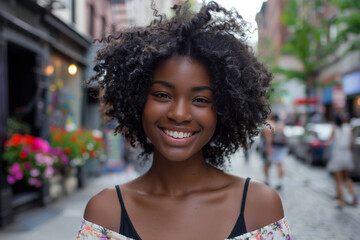 A woman with curly hair is smiling for the camera