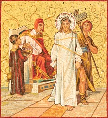 Poster MILAN, ITALY - MARCH 4, 2024: The mosaic  Jesus before Pilate as part of Cross way station in the church Chiesa di San Agostino by unknown artist of 20. cent. © Renáta Sedmáková