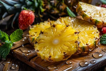 freshly sliced pineapple arranged on a wooden cutting board - Powered by Adobe