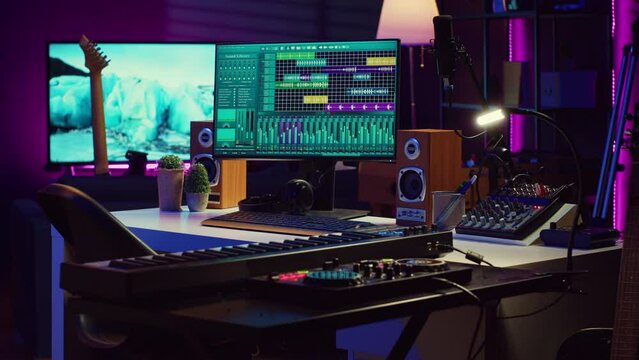Empty studio at home equipped with mixing soundboard panel and other musical instruments, music industry recording. Modern space with electronic controls and daw software on pc. Camera A.