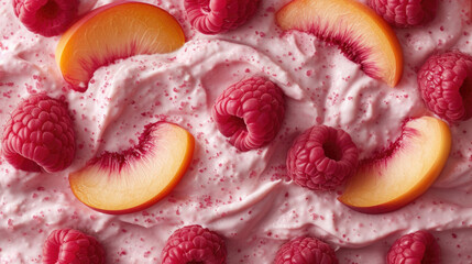 Close up of Creamy Yogurt with Juicy Peach Slices and Raspberries Fruit Cream Detail Texture Background. Macro Top View of Natural Organic Fruity Yoghurt Surface Product Backdrop, Wallpaper