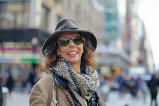 A woman wearing sunglasses and a hat smiles for the camera