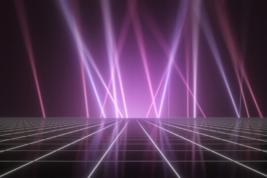 Abstract vaporwave background with lasers in the sky