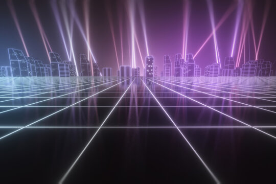 Abstract purple city in retro cyberspace