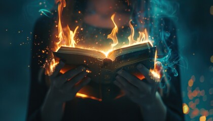 Open book with fire on the page. The mystery of the magic book emits fire
