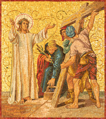 MILAN, ITALY - MARCH 4, 2024: The mosaic  Jesus carries his cross  as part of Cross way station in the church Chiesa di San Agostino by unknown artist of 20. cent. - 759336753