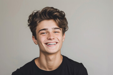 Obraz premium A young man wearing a black shirt is smiling with his eyes closed