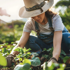 woman in the field, woman in a hat in denim overalls works in the garden, plants plants, wearing gloves