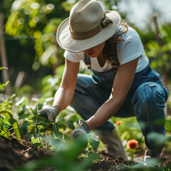 woman in the field, woman in a hat in denim overalls works in the garden, plants plants, wearing gloves