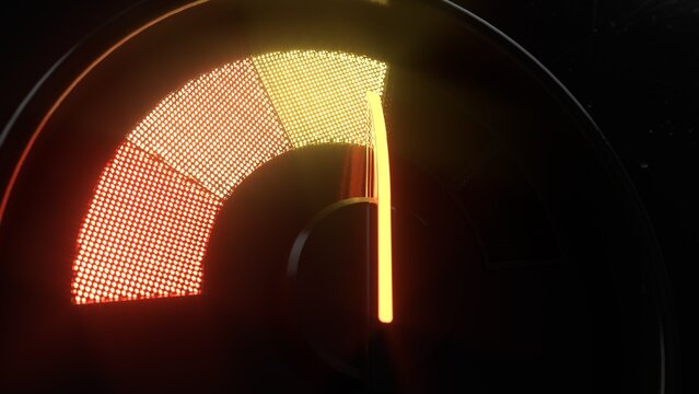 3D meter with illuminated pointer showing half of the color levels.