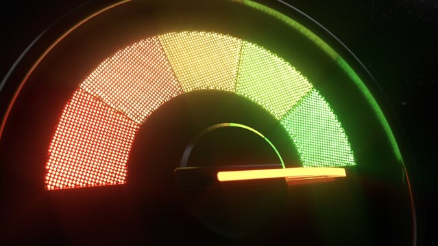 3D meter gauge with illuminated needle showing different color levels