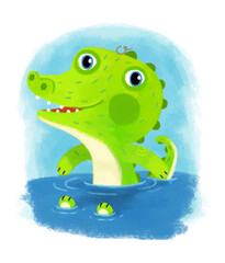 cartoon scene with wild animal alligator crocodile doing things like human on white background illustration for children