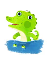 Tuinposter cartoon scene with wild animal alligator crocodile doing things like human on white background illustration for children © honeyflavour