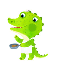 cartoon scene with wild animal alligator crocodile doing things like human on white background illustration for children