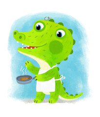 cartoon scene with wild animal alligator crocodile doing things like human on white background illustration for children