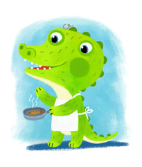 cartoon scene with wild animal alligator crocodile doing things like human on white background illustration for children