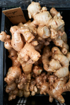 Fresh ginger root at a market stall