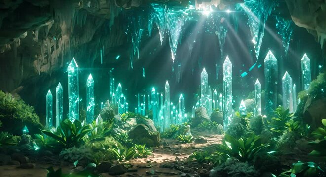 An underground city with bioluminescent plants and crystals,