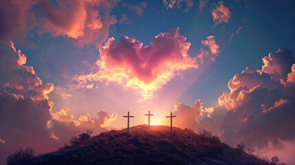 Easter landscape with three crosses on hill, crucifixion of Jesus Christ with heart from the clouds - 759337584