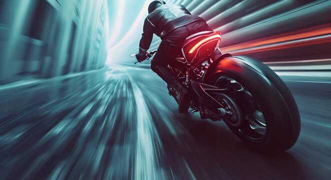 Motorcycle swiftly overtaking, with rear curtain sync creating extended motion lines, editorial image