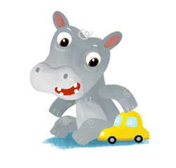 cartoon scene with happy little boy elephant having fun driving toy car on white background illustration for children