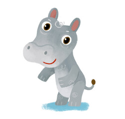 cartoon scene with happy and funny hippo hippopotamus having fun playing on white background illustration for children