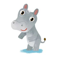 Wandaufkleber cartoon scene with happy and funny hippo hippopotamus having fun playing on white background illustration for children © honeyflavour