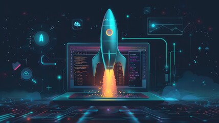 Animated rocket launch on a laptop screen - A digital art concept depicting a rocket launching from a laptop, symbolizing startup, innovation, and technology advances